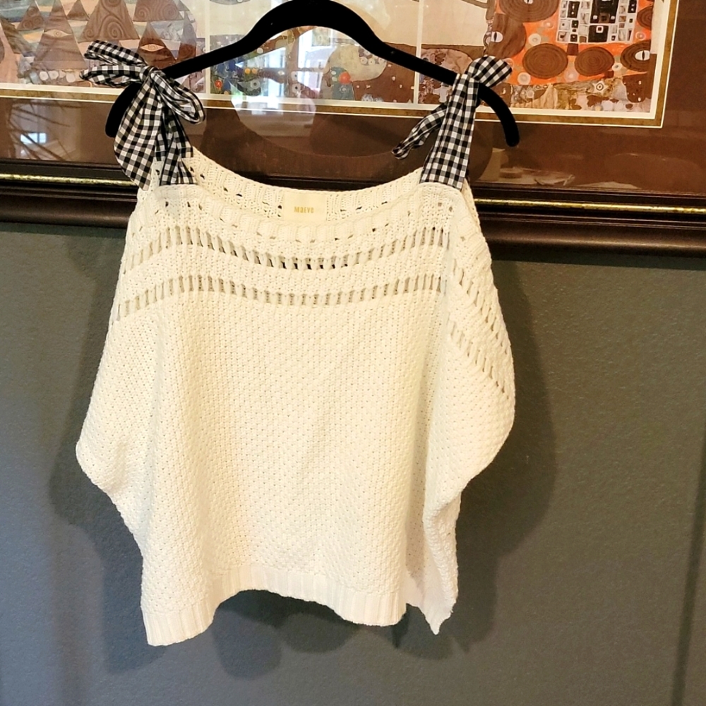 Maeve sweater w fabric gingham shoulder ties